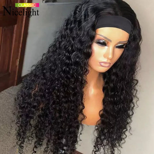 Deep Wave Headband Wigs Human Hair Wig Grip Headband  Brazilian Curly Headband Wigs Glueless Remy Hair with Headband